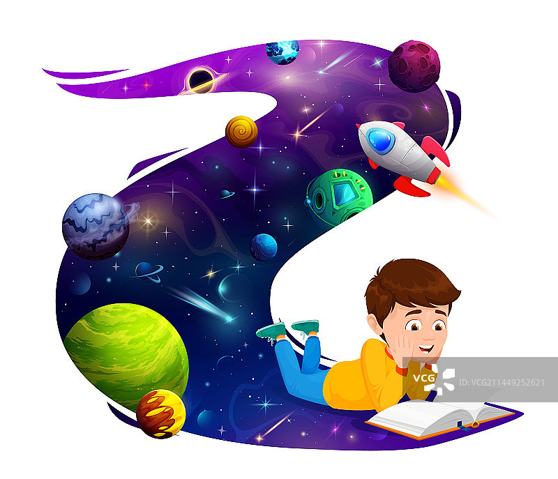 男孩读书并思考太空飞行图片素材