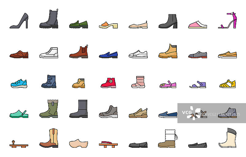 鞋类线条图标：鞋子、运动鞋和靴子图片素材