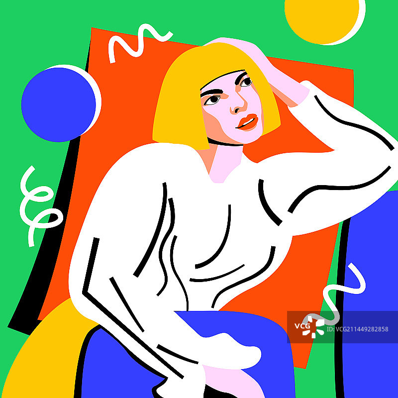 鲜艳几何背景前抬头的少女图片素材