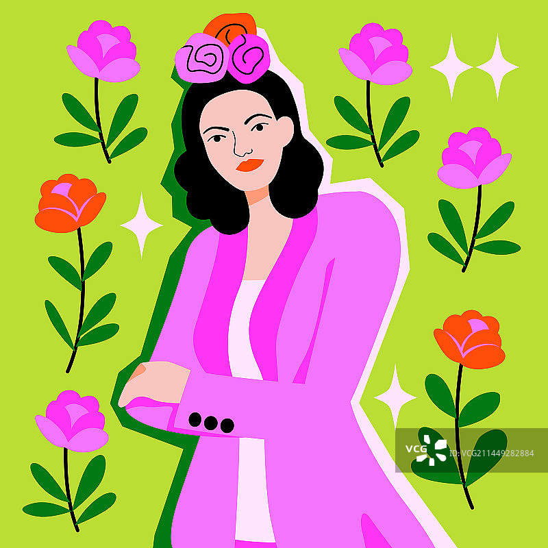 站在粉红色花朵旁的女人图片素材