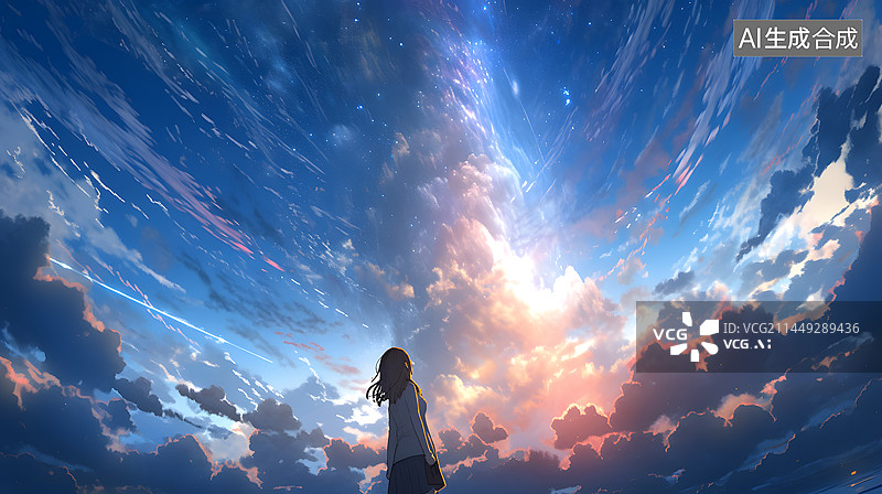 【AI数字艺术】望着云端的梦幻天空插画图片素材