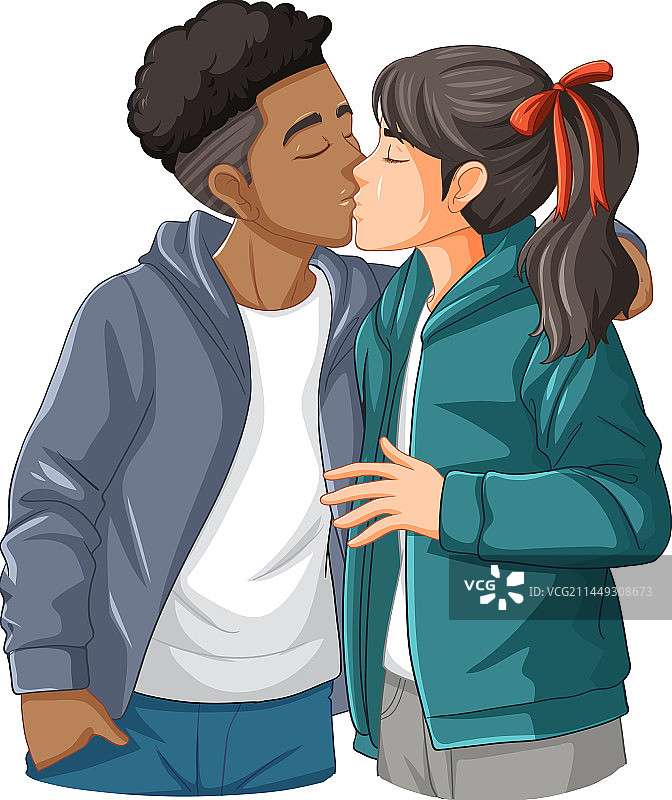 不同种族的卡通情侣亲吻图片素材