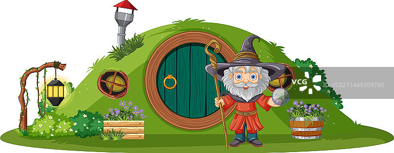 站在霍比特人小屋前的巫师图片素材