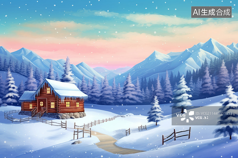 【AI数字艺术】冬季雪山下的小木屋插画图片素材