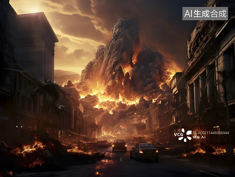 【AI数字艺术】火山爆发城市一片废墟图片素材