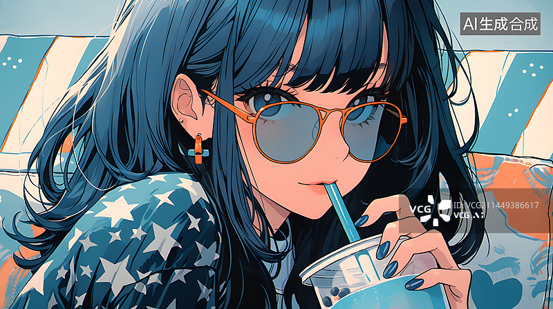 【AI数字艺术】喝饮料的墨镜女孩图片素材