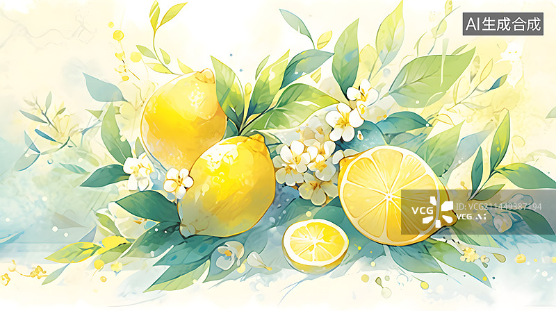 【AI数字艺术】白色背景的柠檬插画图片素材