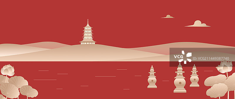 红金杭州西湖扁平适量插画，雷峰塔三潭映月杭州庆典插画图片素材