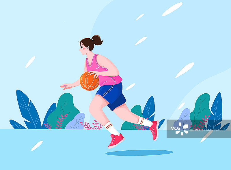 清新扁平插画一个青年女人在打篮球图片素材