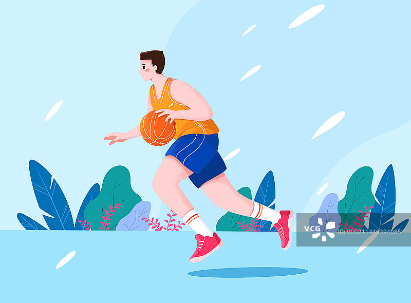 清新扁平插画一个青年男人在打篮球图片素材