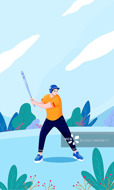 清新扁平插画一个青年男人在打棒球图片素材