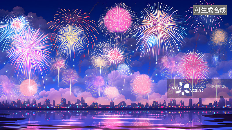 【AI数字艺术】夜晚城市上空的烟花图片素材