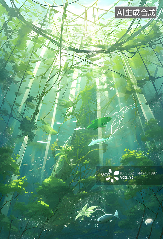 【AI数字艺术】水下森林插画图片素材