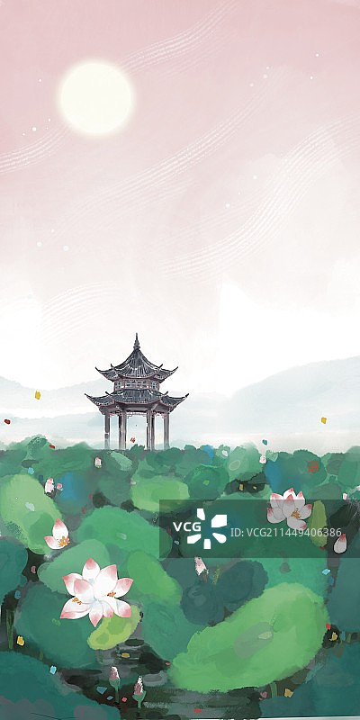 杭州西湖夏季唯美治愈插画图片素材