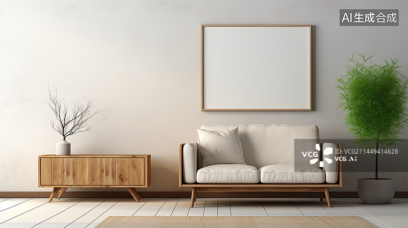 【AI数字艺术】现代风格的客厅内部，木质扶手椅，边桌和木地板上的空白墙,图片素材