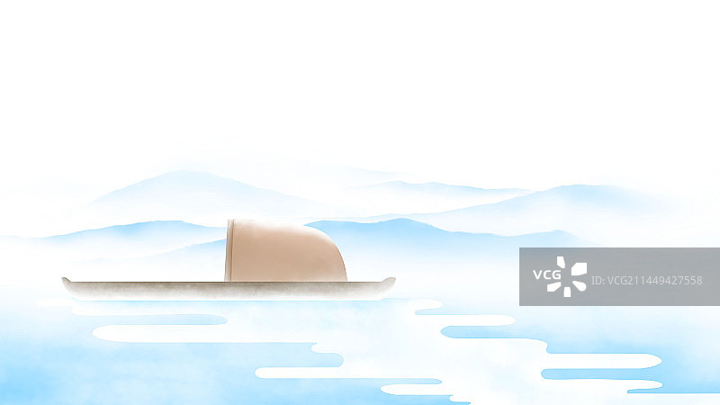 冬季江面无人的孤舟，白色简约水墨冬季风景插画图片素材