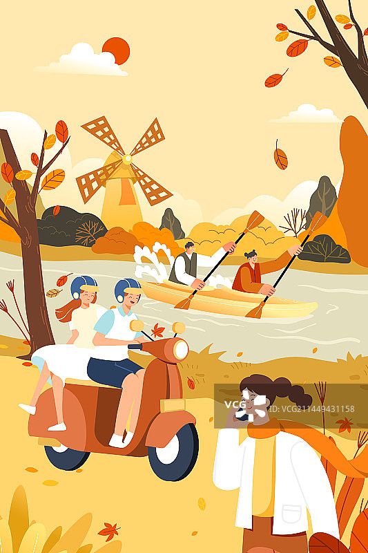 卡通秋天秋季秋分寒露节气霜降亲子游家人情侣学生开学季风景旅游古建筑农耕户外郊游出行自驾游渐变矢量插画图片素材