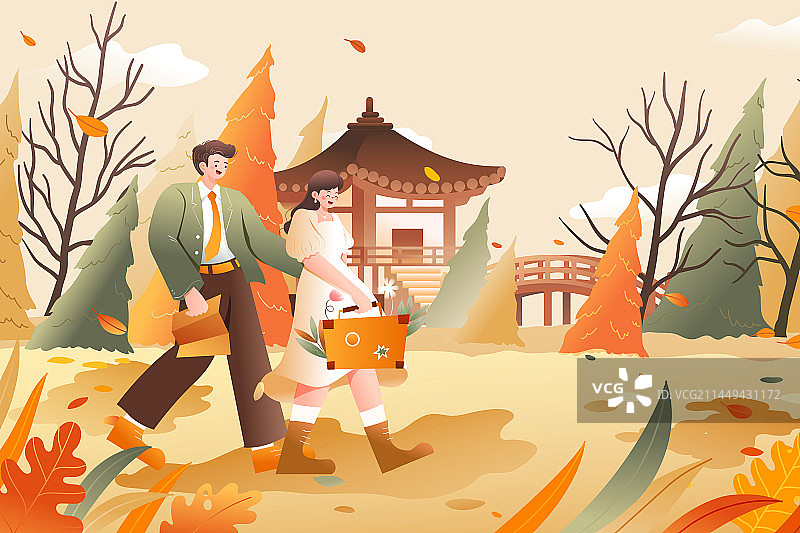 卡通秋天秋季秋分寒露节气霜降亲子游家人情侣学生开学季风景旅游古建筑农耕户外郊游出行自驾游渐变矢量插画图片素材