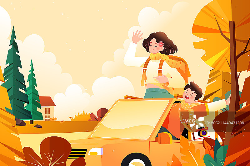 卡通秋天秋季秋分寒露节气霜降亲子游家人情侣学生开学季风景旅游古建筑农耕户外郊游出行自驾游渐变矢量插画图片素材