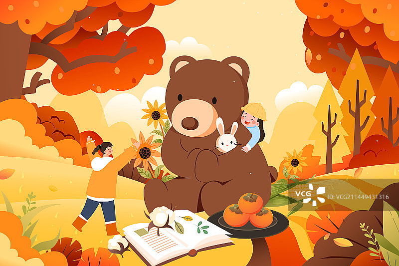 卡通秋天秋季秋分寒露节气霜降亲子游家人情侣学生开学季风景旅游古建筑农耕户外郊游出行自驾游渐变矢量插画图片素材