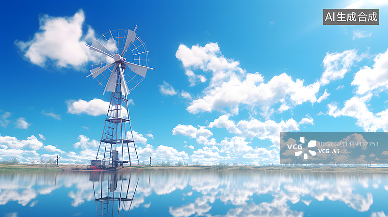 【AI数字艺术】晴朗天空下的风车水塔图片素材