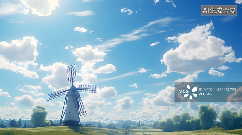 【AI数字艺术】晴朗天空下的风车水塔图片素材
