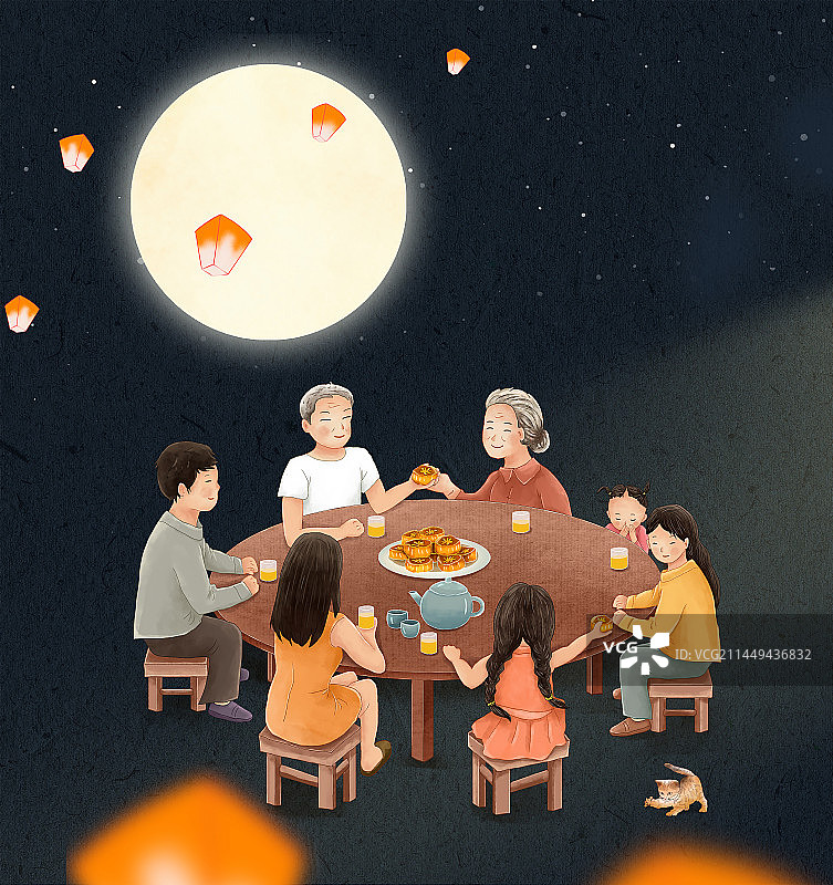 一家人围坐团聚吃月饼赏月 手绘风格中秋节国庆节插画图片素材