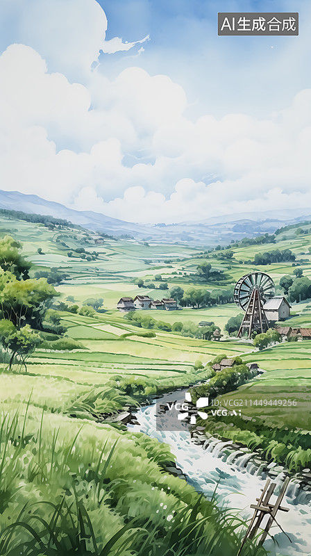【AI数字艺术】春天田园风景插画图片素材
