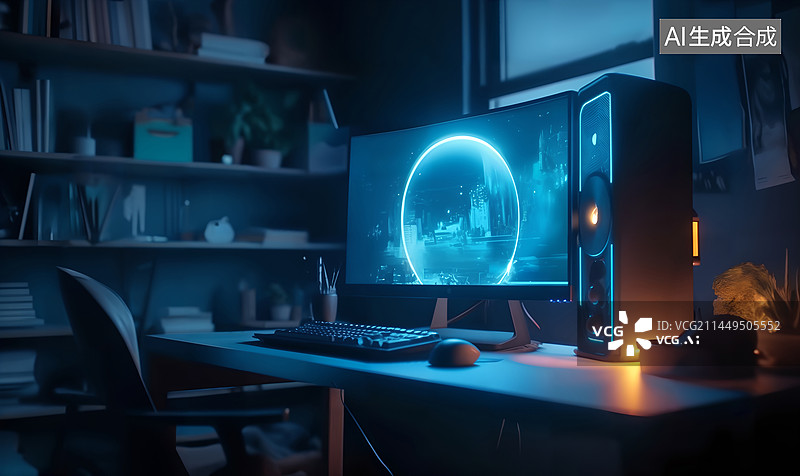 【AI数字艺术】电脑音响鼠标键盘灯光桌子椅子书房3D插画图片素材
