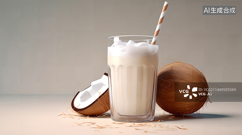 【AI数字艺术】椰子椰肉椰汁玻璃杯吸管3D水果插画图片素材