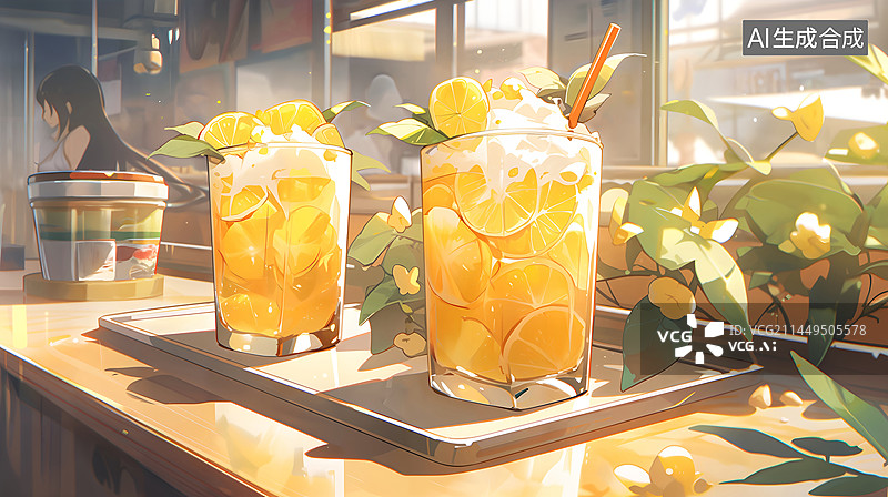 【AI数字艺术】阳光窗户玻璃杯柠檬水吸管植物插画图片素材