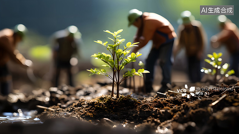 【AI数字艺术】小树苗土地人群3D移轴摄影插画图片素材
