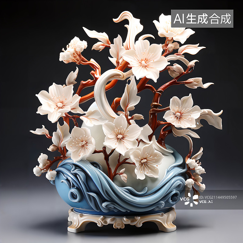 【AI数字艺术】中国风花卉花盆陶瓷摆件3D插画图片素材