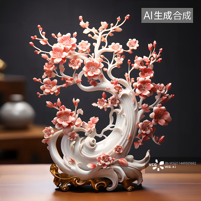 【AI数字艺术】中国风梅花花卉花盆陶瓷摆件3D插画图片素材