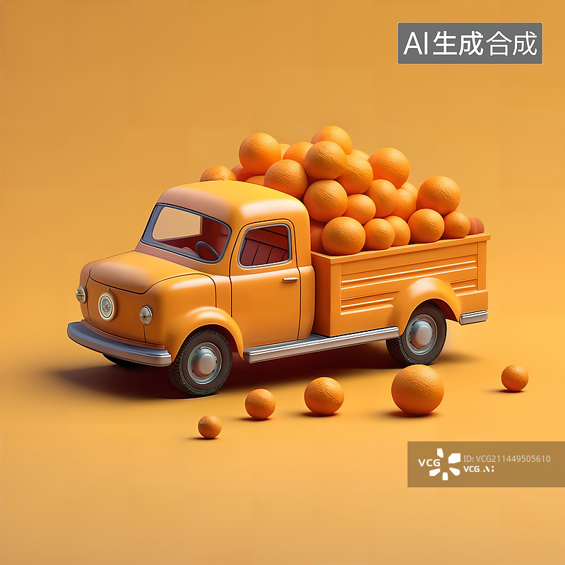 【AI数字艺术】卡通车小卡车小货车小皮卡橙子橙色3D水果插画图片素材