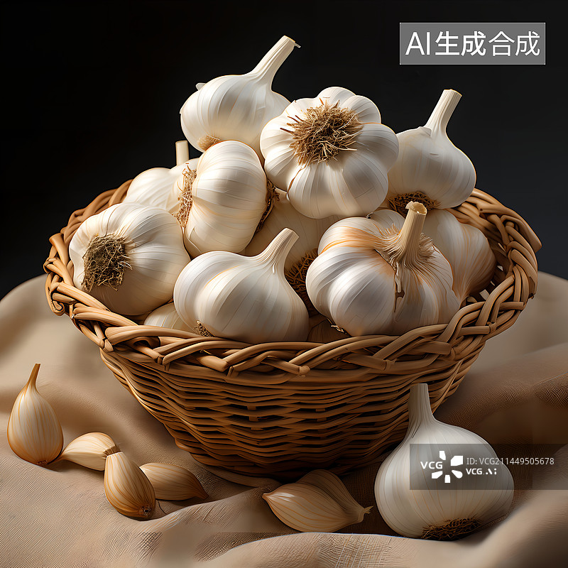 【AI数字艺术】蒜瓣大蒜菜篮布料3D蔬菜插画图片素材