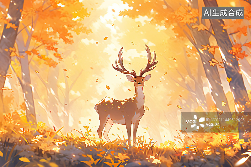 【AI数字艺术】秋分节气，麋鹿在秋天的森林奔跑，保护动物插画图片素材