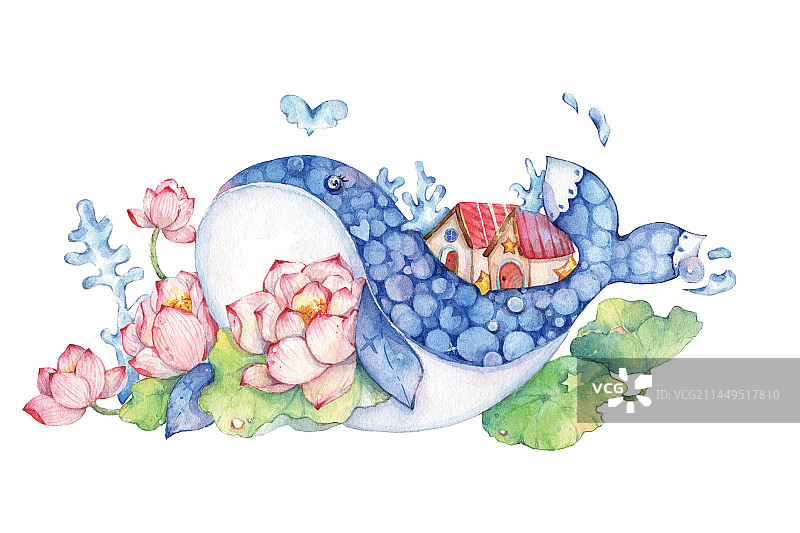 清晰童趣水彩手绘海洋生物恒温动物童话故事拟人蓝鲸和莲花家园图片素材