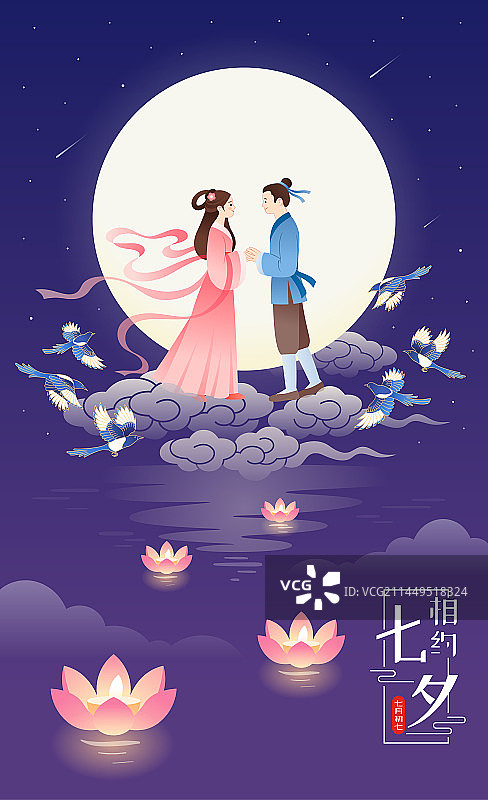 七夕节夜晚牛郎织女鹊桥相会中国风国潮矢量唯美插画海报图片素材
