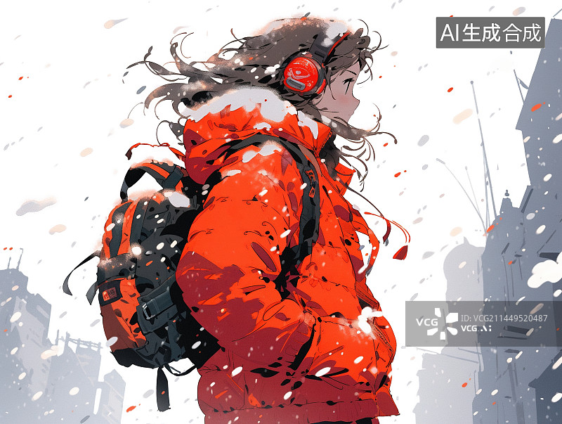 【AI数字艺术】冬天一个女孩的下雪天图片素材