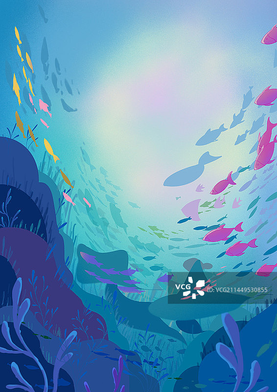 海底鱼群珊瑚礁石多彩插画图片素材