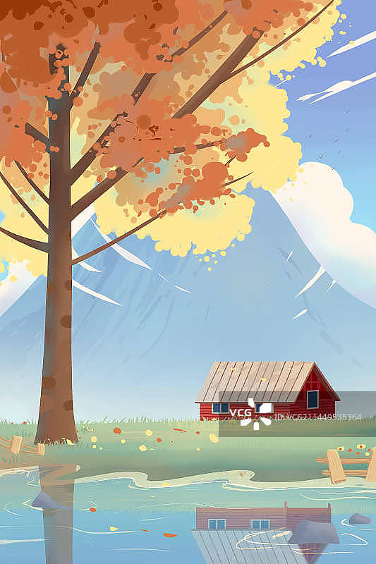 秋天山谷里的房子系列插画图片素材