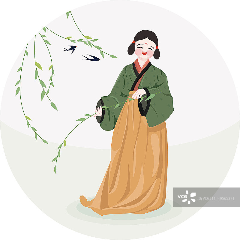 24节气国风人物少女古装-清明燕子垂柳女孩图片素材