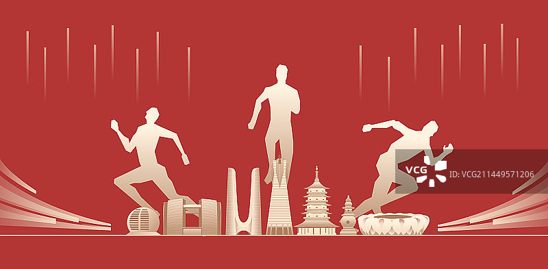红金杭州亚运会田径矢量插画，杭州城市天际线矢量地标建筑插画，杭州亚运会，浙江杭州周年庆典高端插画图片素材