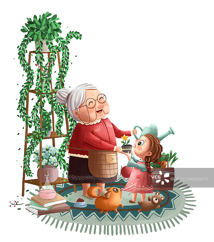 在家中女孩孙女送给正在浇花的奶奶黄色星星花礼物图片素材