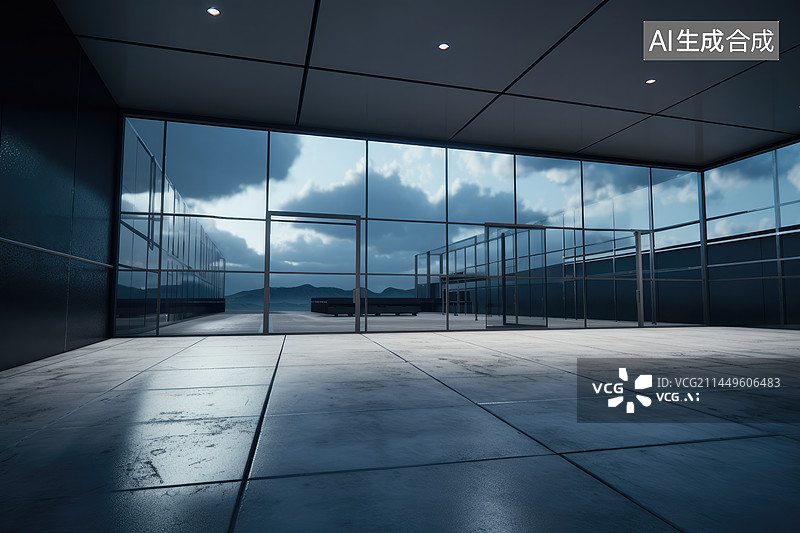 【AI数字艺术】有巨大落地玻璃的建筑内部图片素材