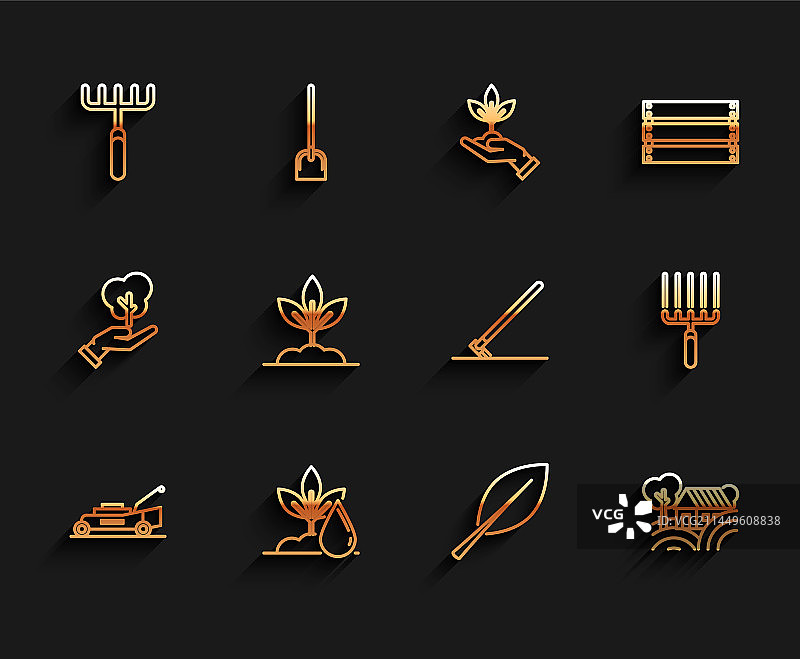 割草机、浇水植物和园艺耙图片素材