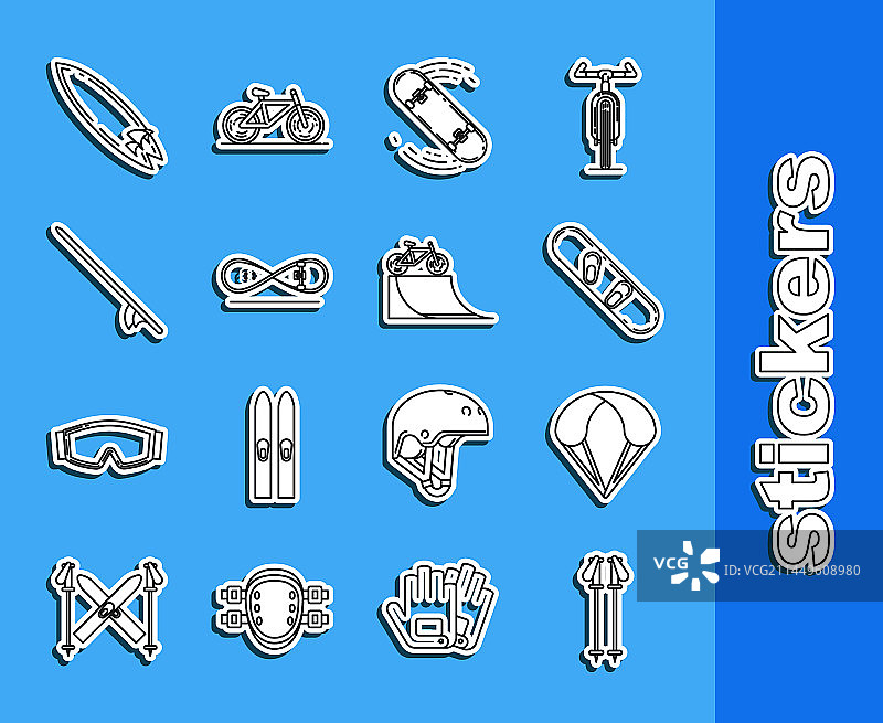 滑雪装备线性图标：滑雪杖、降落伞、滑雪板图片素材