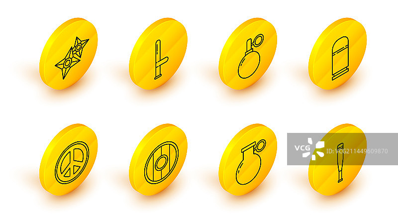 棒球棒、手榴弹和圆形木板图片素材