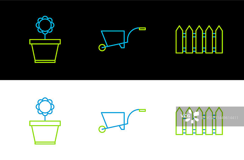 花园围栏、木制花盆和鲜花图片素材